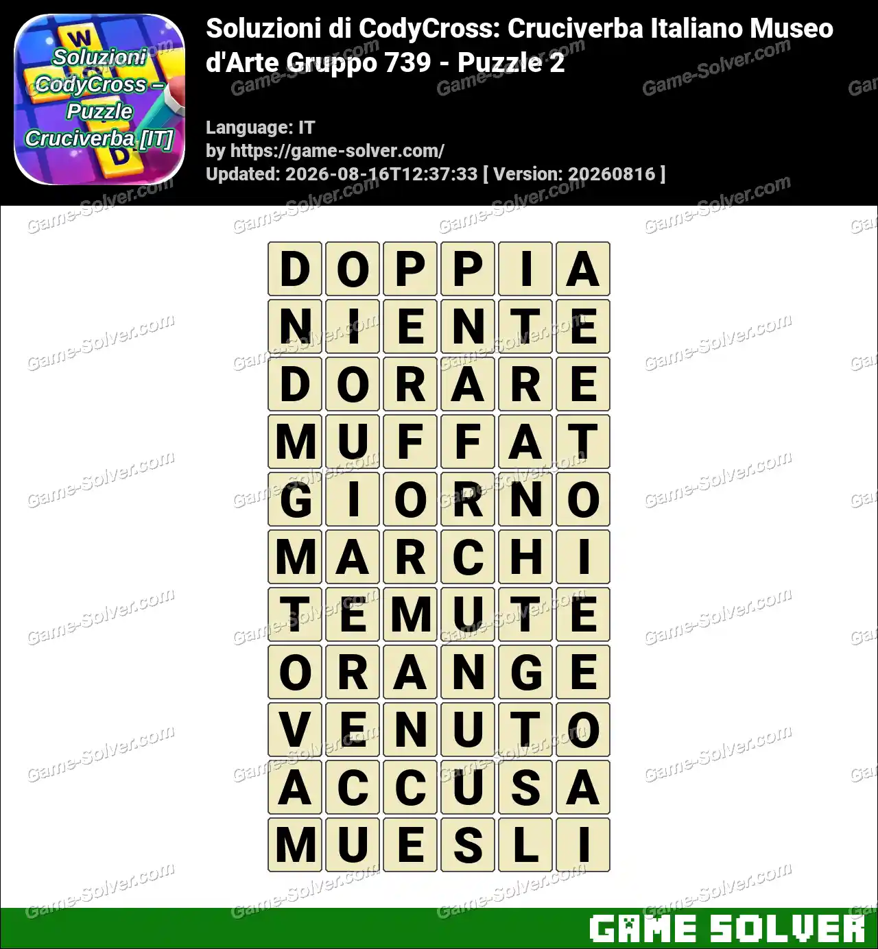Soluzioni di CodyCross: Cruciverba Italiano Museo d’Arte Gruppo 739 – Puzzle 2